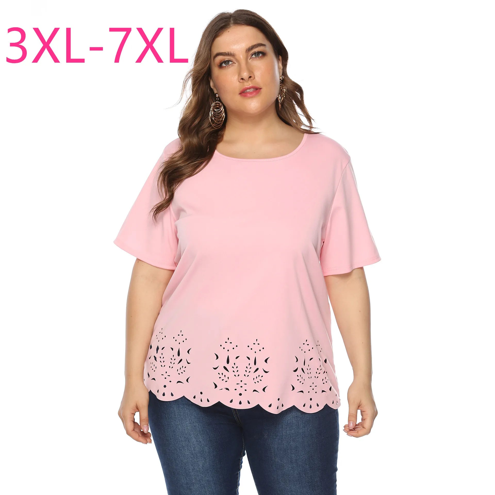 2021 Summer Plus Size Tops For Women Large Short Sleeve Loose Hollow Out Pink O-neck T-shirt 3XL 4XL 5XL 6XL