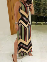Lovemi -  Colorful Striped Print Side Slit Maxi Dress Women