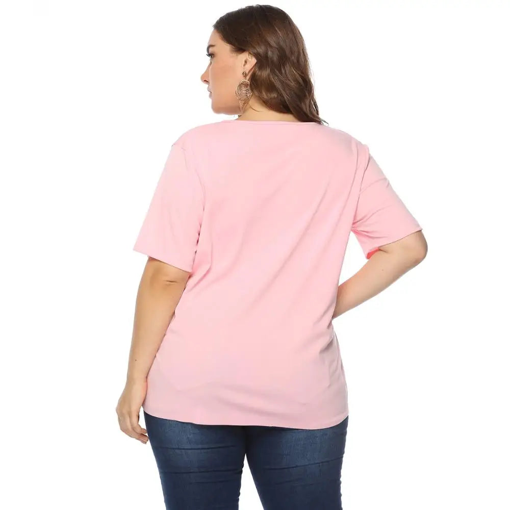 Lovemi -  2021 Summer Plus Size Tops For Women Large Short Sleeve Loose Hollow Out Pink O-neck T-shirt 3XL 4XL 5XL 6XL