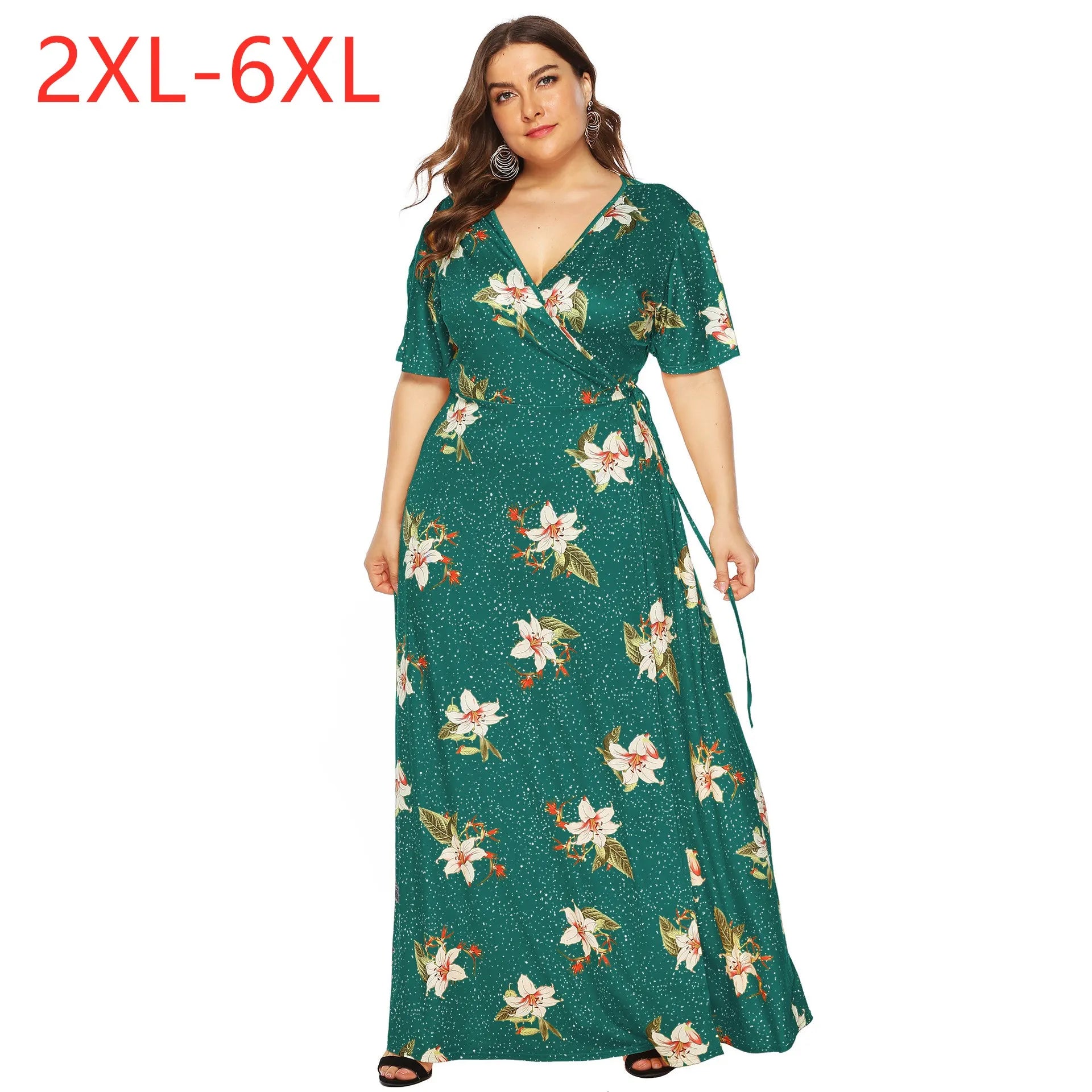 Lovemi -  2021 summer plus size long dress for women large slim casual short sleeve flower print green V-neck dresses 3XL 4XL 5XL 6XL