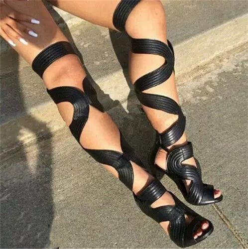 Lovemi -  Sexy Open Toe Gladiator Sandals Women Boots Cut-Outs Lace Up Thigh High Boots High Heels Black Leather Shoes Woman Botas