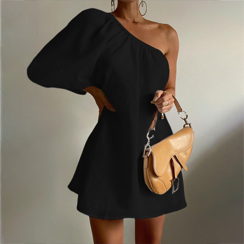 Lovemi -  Women's Fashion Slant Shoulder Short Dress