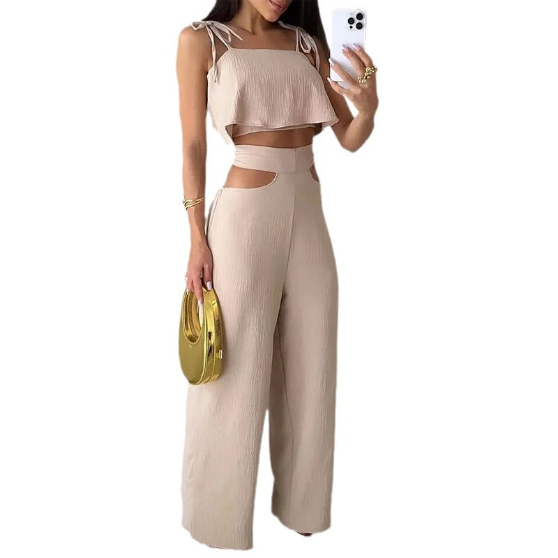 Lovemi -  Cross-border Solid Color Sling Top Casual Hollow-out Trousers Suit