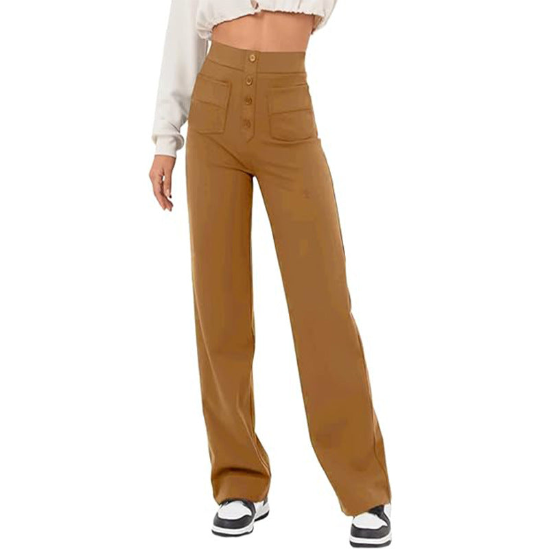 Women's Clothing High Waist Pocket Wide Leg Button Casual Loose Straight Trousers