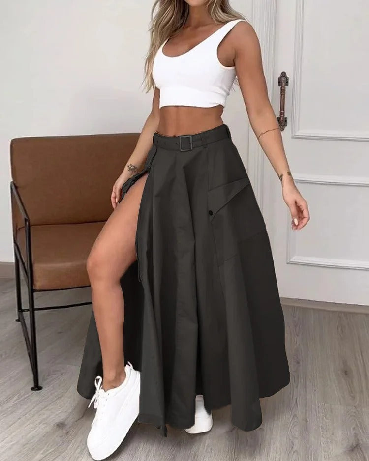Ladies Suit Summer Sleeveless Solid Color Slit Two-piece Set