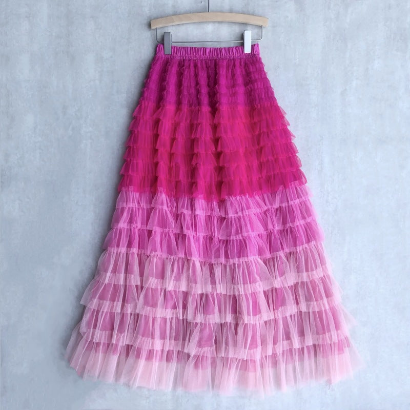 Cake Dress High Waist Contrast-color Ruffled Stitching