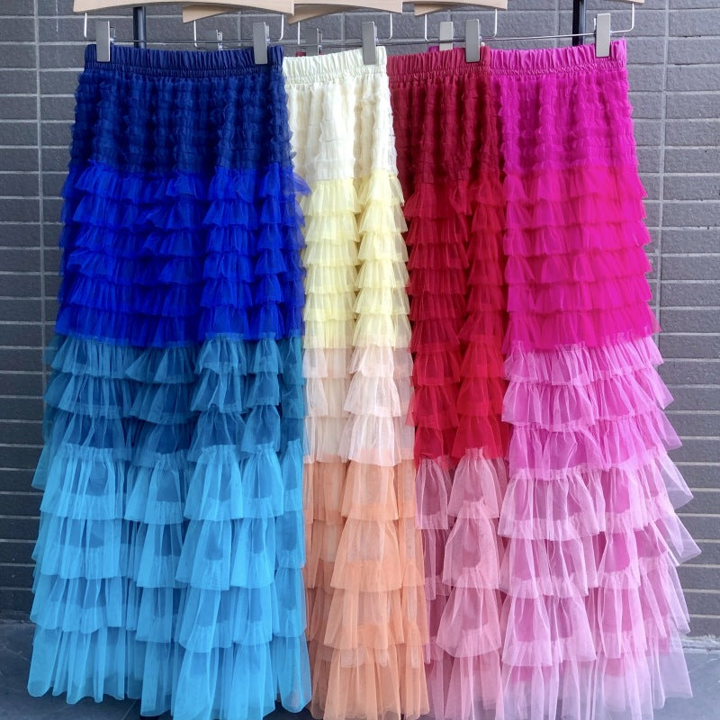 Cake Dress High Waist Contrast-color Ruffled Stitching