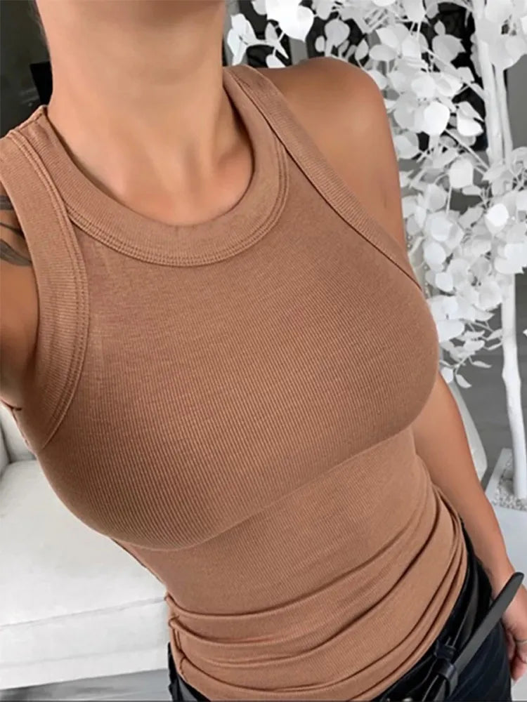Lovemi -  Women Solid Round Neck Ribbed Tank Top Camisole Women Summer Basic Elastic Tank Top O Neck Solid Tank Top
