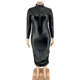 Lovemi -  PU Leather Plus Size 5XL Dresses for Women Zip Up Full Sleeve Stretch Offie Lady Elegant Black Maxi Dress Wholesale Dropshipping