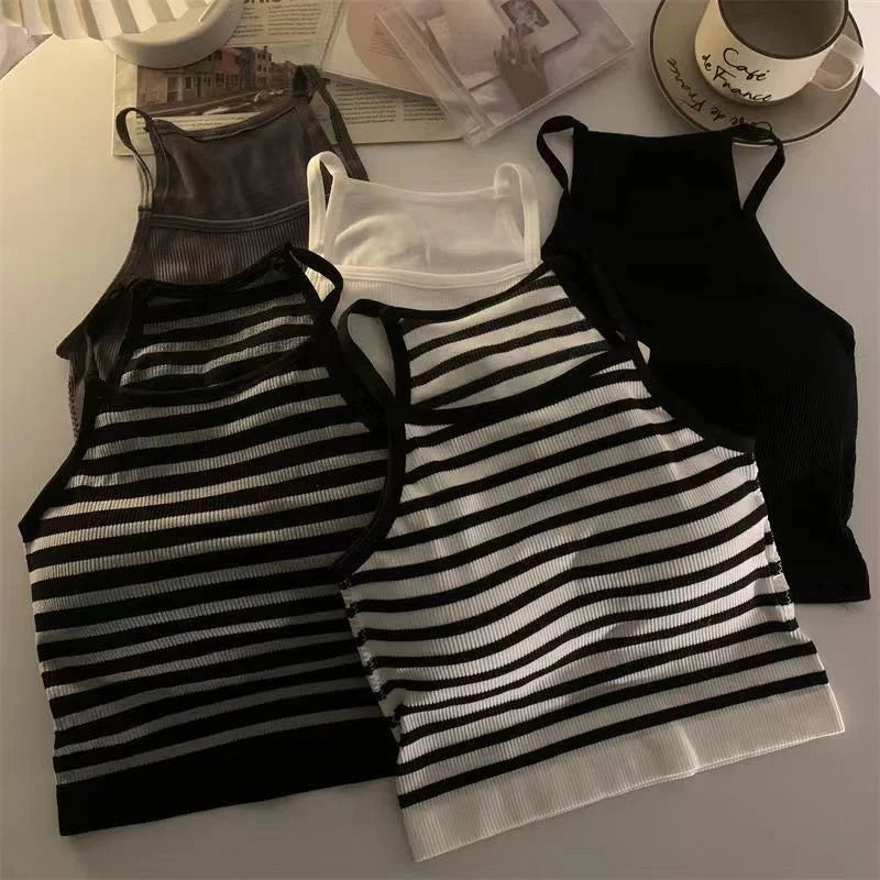 Lovemi -  Korean Version Women Tank Tops Thread Solid Casual Fashion Crop Top with Chest Pad Stripe Sleeveless Outer Wear Basic Camisole