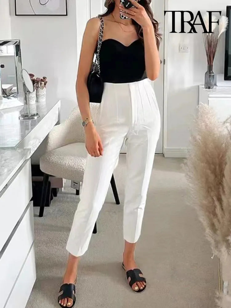 TRAF Women Fashion With Pockets Casual Basic Solid Pants Vintage High Waist Zipper Fly Female Ankle Trousers Pantalones Mujer