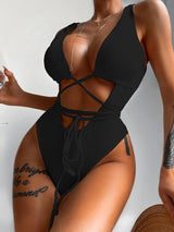 Ribbed Lace Up One-Piece Swimsuit-Black-4