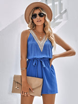 Lovemi -  Casual Jumpsuit Lace V-neck Sleeveless Tops Tie-up Shorts Summer Beach Clothes