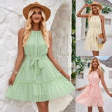 Lovemi -  Solid Color Halterneck Dress Summer Casual Lace Tie Waist Womens Clothing New Fashion Vacation Beach Dresses