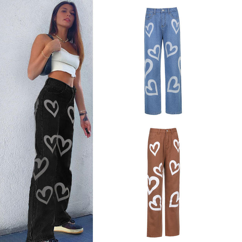 Lovemi -  Wide-leg Jeans Women's Love Print Straight Loose