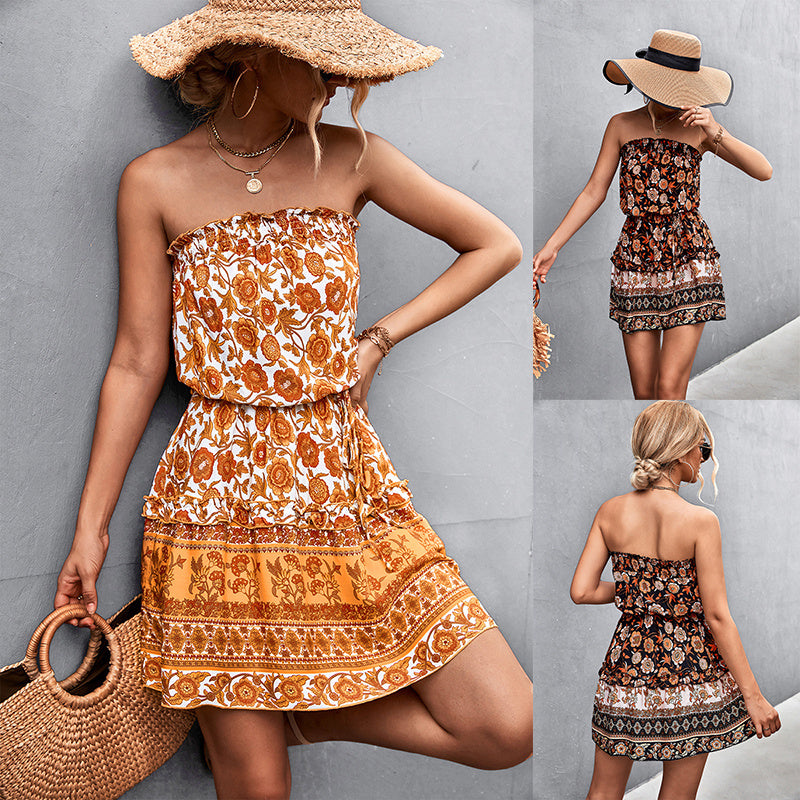 Lovemi -  Women's Bohemian Floral Print Strapless Dress Summer Beach Dress