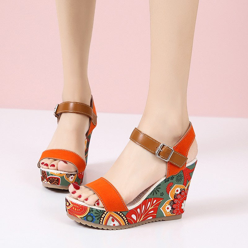 Lovemi -  Floral Embroidered High Wedge Sandals