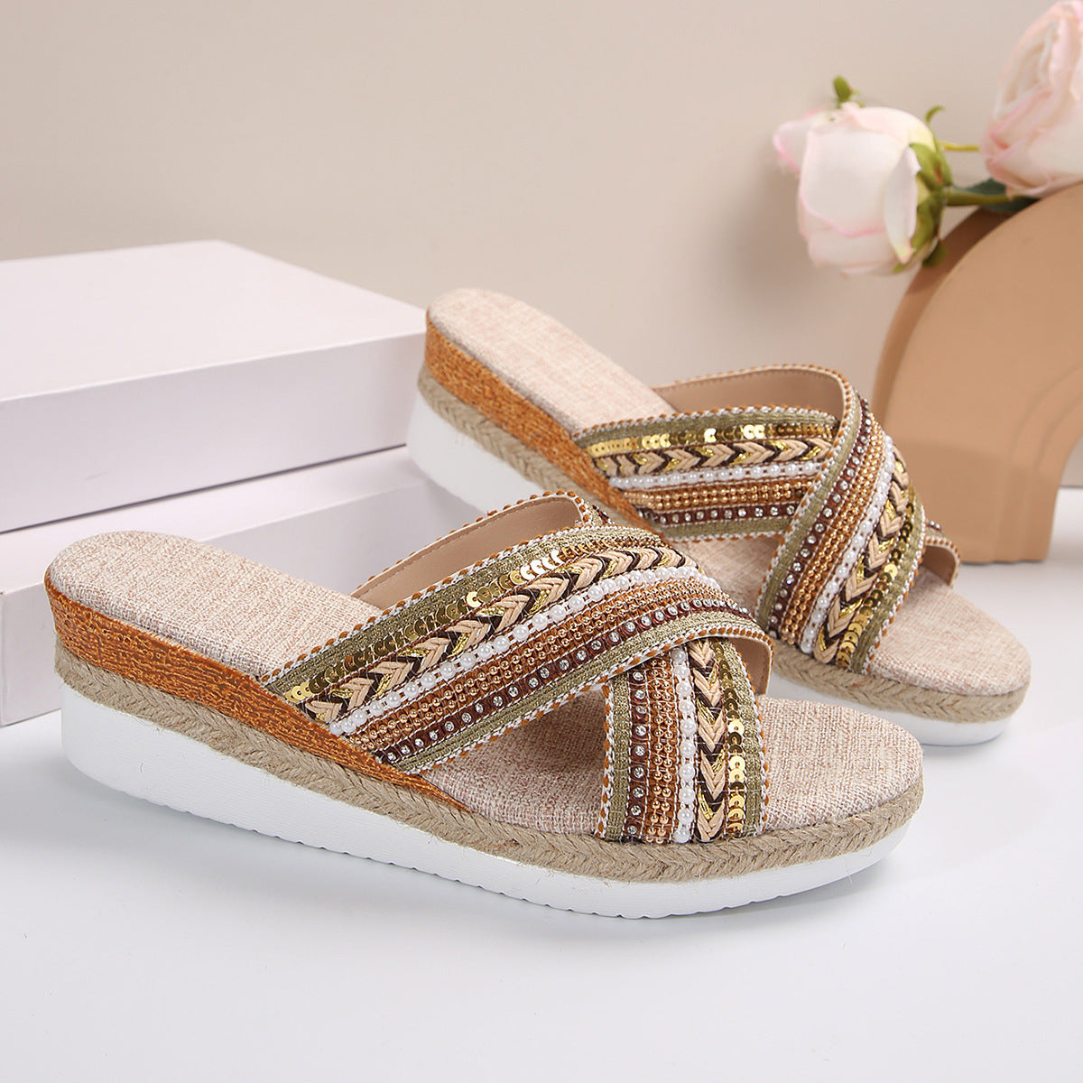 Lovemi -  Ethnic Linen Wedge Sandals