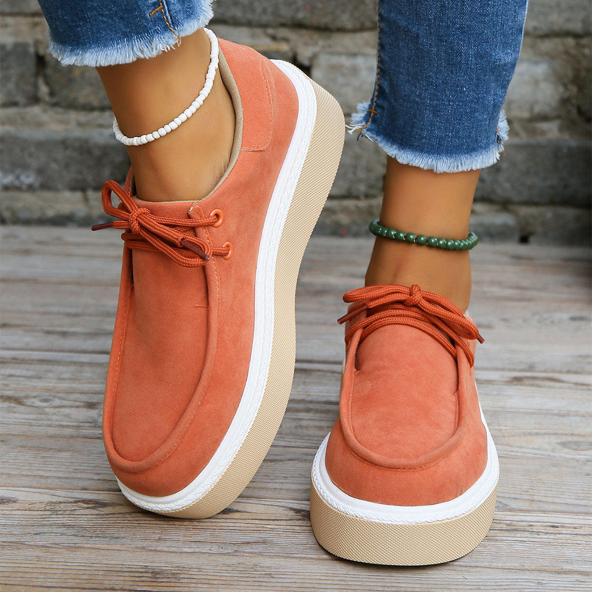 Lovemi -  Thick Bottom Lace-up Flats Women Solid Color Casual Fashion Lightweight Walking Sports Shoes