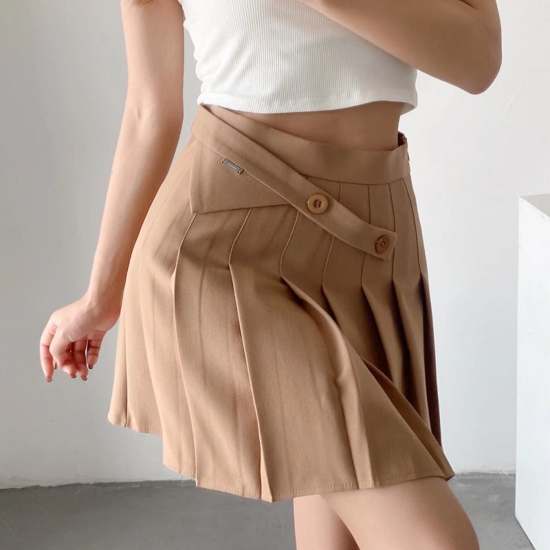New Summer Oblique Button High Waist Pleated Skirt