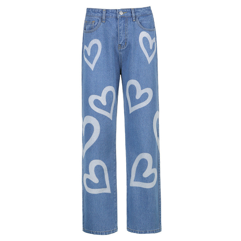Wide-leg Jeans Women's Love Print Straight Loose