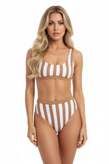 Brown and white striped high-waisted bikini set with scoop top, vintage-inspired swimwear on white background