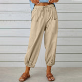 Lovemi -  Women Drawstring Tie Pants Spring Summer Cotton And Linen Trousers With Pockets Button