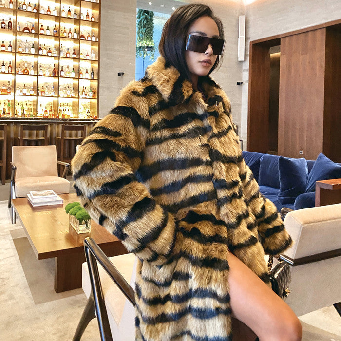 Tiger Pattern Faux Fur Coat