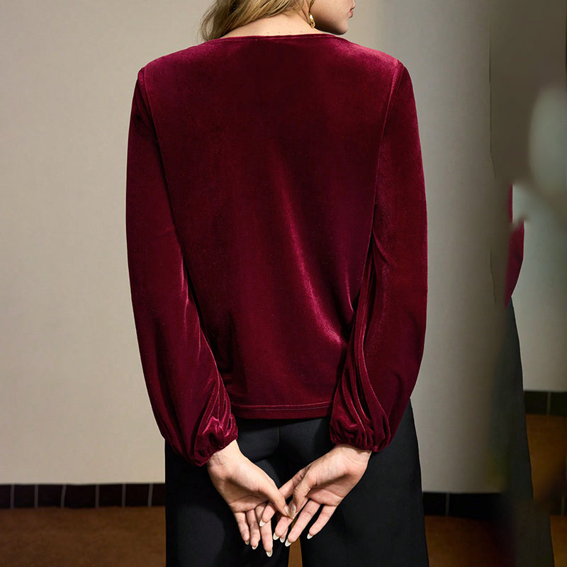 Velvet Twist Knot V-Neck Blouse