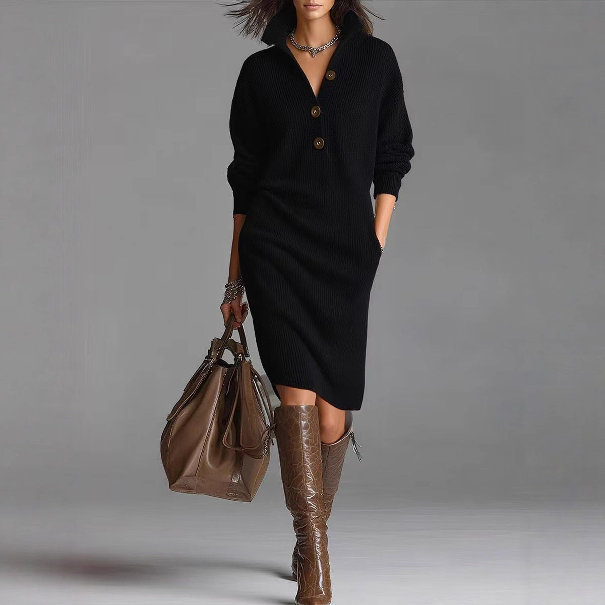 Chic Cozy V-Neck Sweater Dress