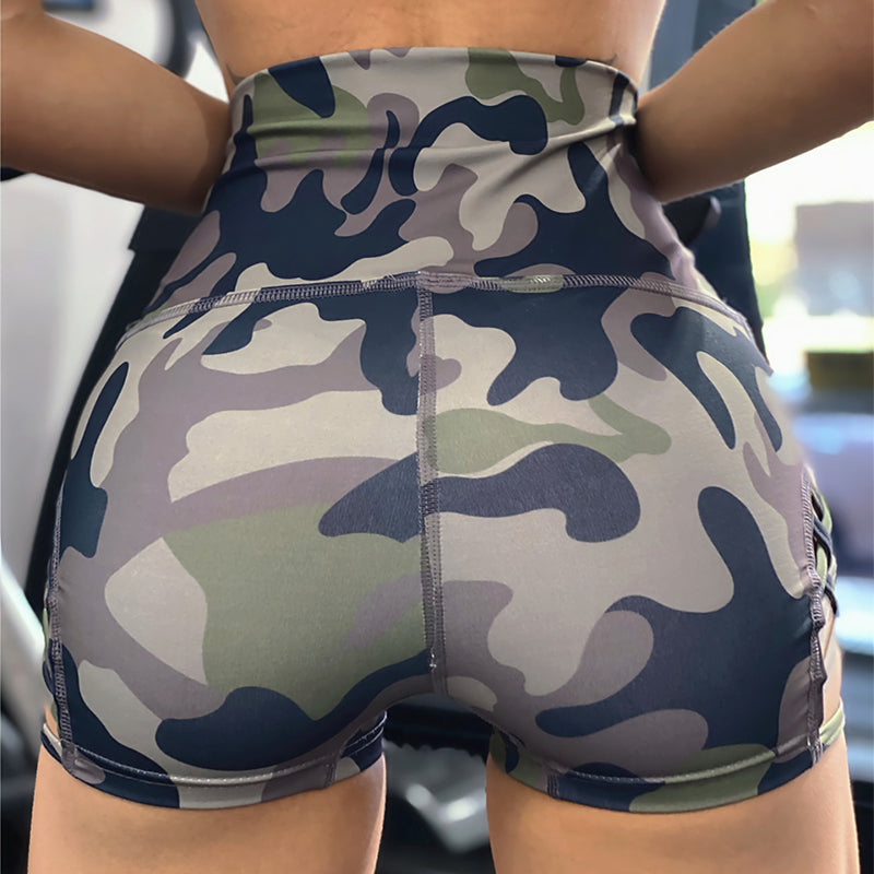 Lovemi -  Camouflage Leopard Print Yoga Pants For Women High Waist Tight Shorts With Side Hollow Design Sexy Fitness Pole Dancing Sports Shorts