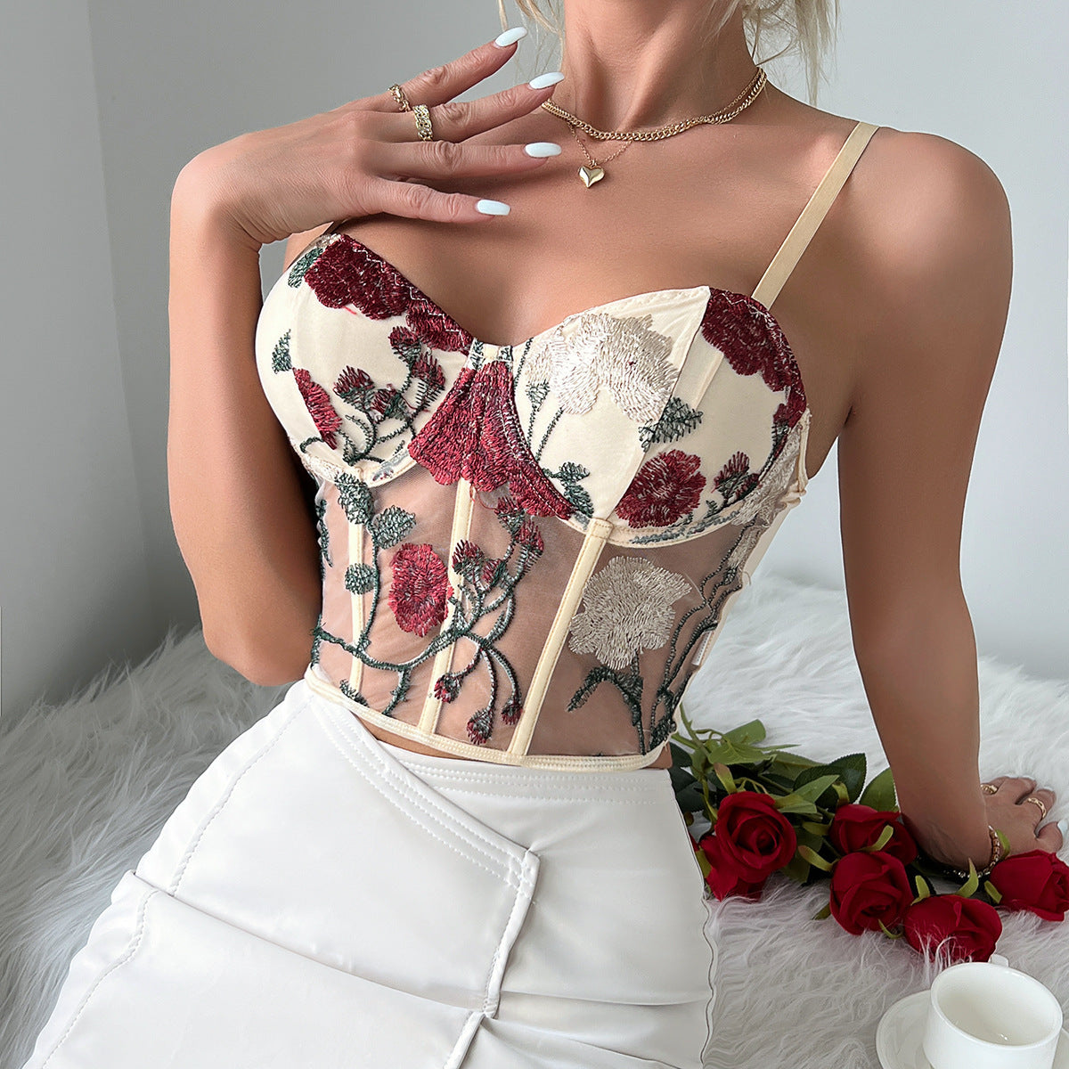 Lovemi -  Women's Vest Retro Net Yarn Flowers Embroidered Vest