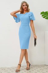 Slit Round Neck Flutter Sleeve Dress-2