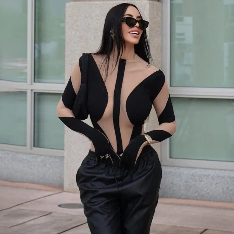 Cheky Black / S Sexy Mesh Perspective Stitching Long-sleeved Finger Sleeve Bodysuit