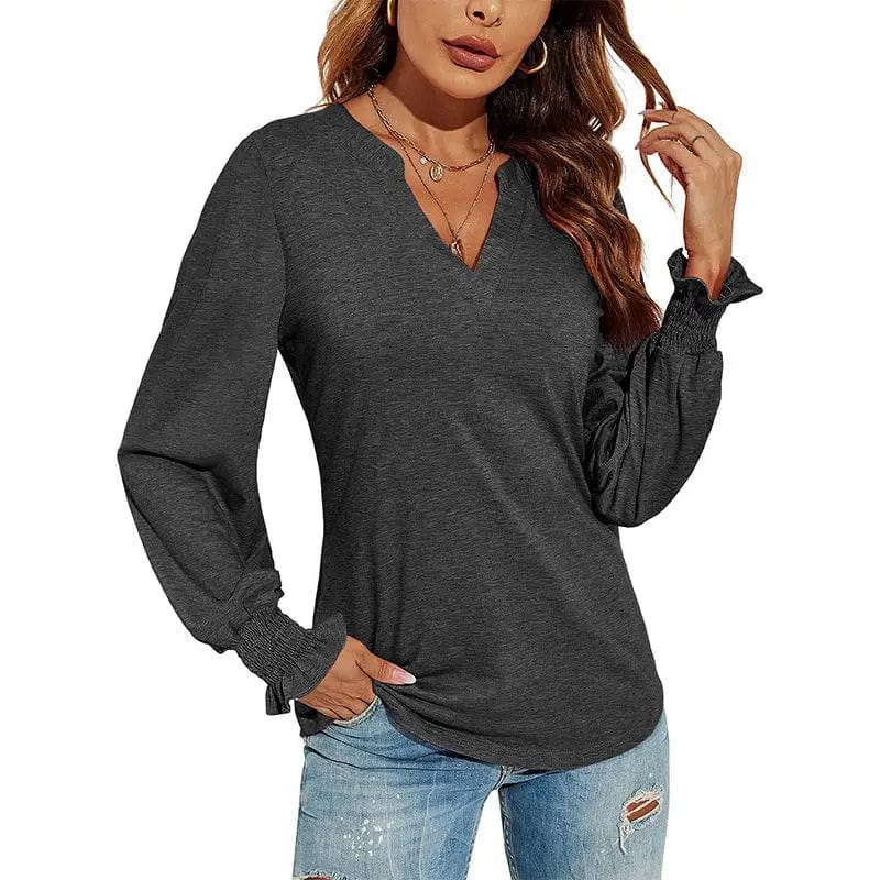 Cheky Dark Gray / S Women's V-neck Stitching Long Sleeve T-shirt