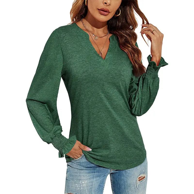 Cheky Dark Green / S Women's V-neck Stitching Long Sleeve T-shirt