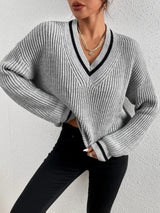 Cheky Grey / S Women's Clothes Cable Knit V Neck Sweaters Casual Long Sleeve Striped Pullover Sweater Trendy Loose Preppy Jumper Top
