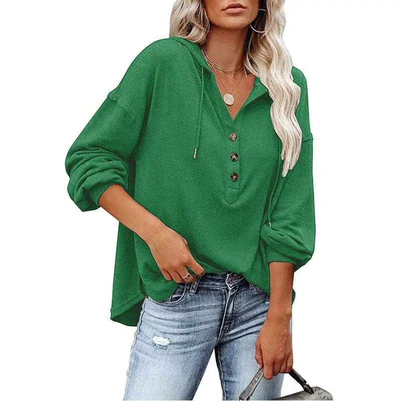 Cheky Merald Green / S V-neck Long Sleeved Hooded Sweater Women's Sports Pullover Sweatshirt
