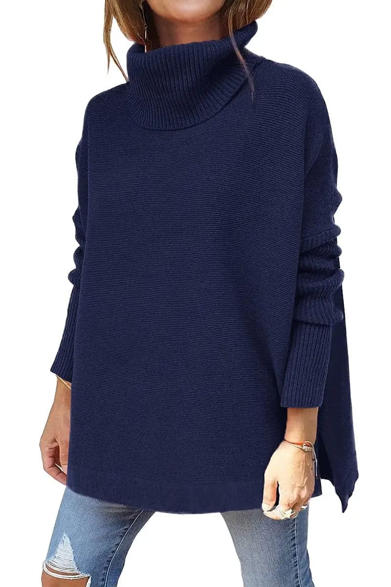 Cheky Navy Blue / S Turtleneck Sweater Mid Length Batwing Sleeve Slit Hem Tunic Pullover Sweaters Winter Tops Women Clothing