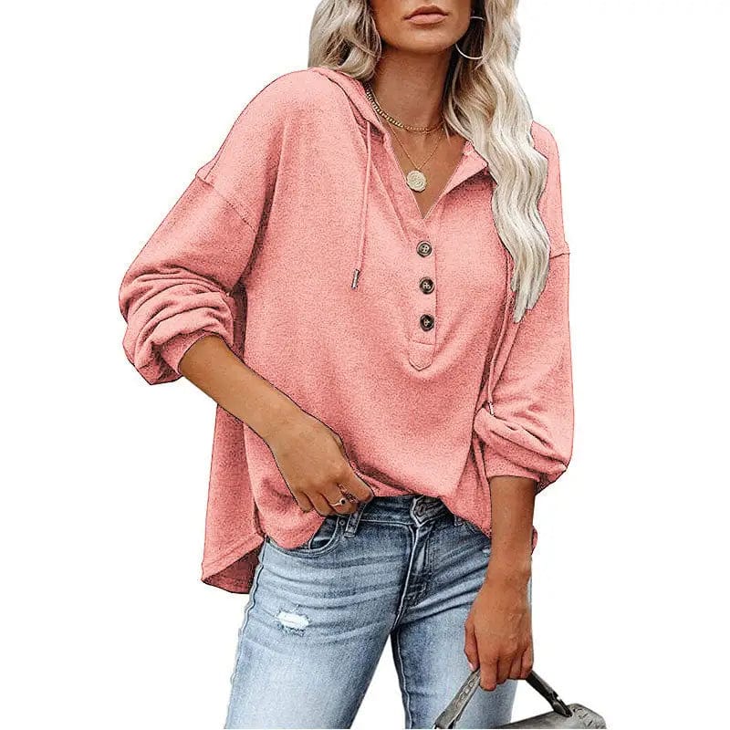 Cheky Pink / S V-neck Long Sleeved Hooded Sweater Women's Sports Pullover Sweatshirt