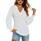 Cheky White / S Women's V-neck Stitching Long Sleeve T-shirt