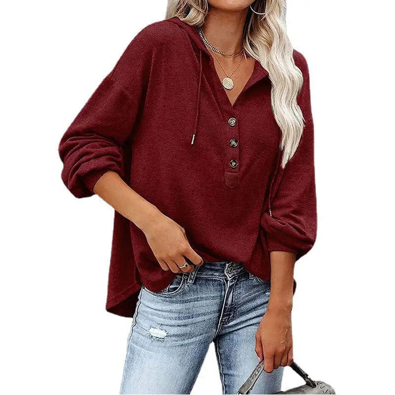 Cheky Wine Red / S V-neck Long Sleeved Hooded Sweater Women's Sports Pullover Sweatshirt