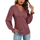 Cheky Wine Red / S Women's V-neck Stitching Long Sleeve T-shirt