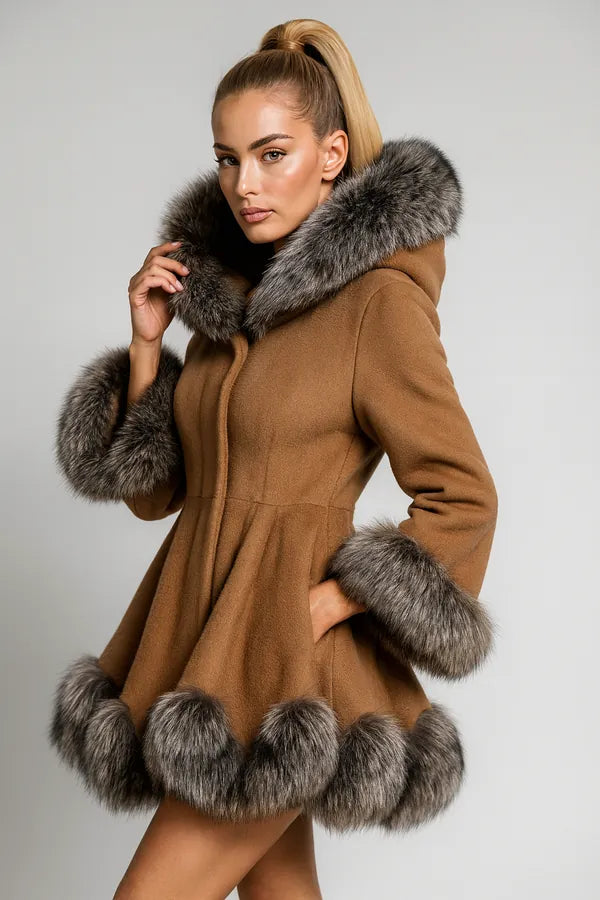 Women's flared brown coat with faux fur hood and trim - elegant winter outerwear