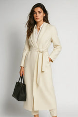 Elegant white wool coat for women - belted long overcoat with minimalist chic design