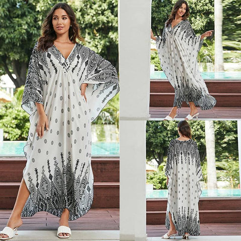 Cotton Beach Cover-up Vacation Sun Protection Long Dress-White-4