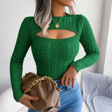 Pink cable-knit cutout sweater for women — trendy fitted long-sleeve top