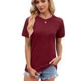 Lovemi -  Solid Color Round Neck Top Women's Lace Hollow Design Short Sleeve T-Shirt Summer Womens Clothing