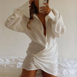 Lovemi -  White Long-sleeved V-neck Shirt Sexy INS Fashion Linen Short Dress For Women
