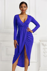 High-low Ruched Surplice Long Sleeve Dress-Royal Blue-38